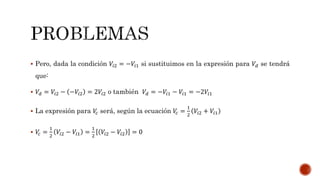  Pero, dada la condición 𝑉𝑖2 = −𝑉𝑖1 si sustituimos en la expresión para 𝑉𝑑 se tendrá
que:
 𝑉𝑑 = 𝑉𝑖2 − −𝑉𝑖2 = 2𝑉𝑖2 o también 𝑉𝑑 = −𝑉𝑖1 − 𝑉𝑖1 = −2𝑉𝑖1
 La expresión para 𝑉𝑐 será, según la ecuación 𝑉𝑐 =
1
2
𝑉𝑖2 + 𝑉𝑖1
 𝑉𝑐 =
1
2
𝑉𝑖2 − 𝑉𝑖1 =
1
2
𝑉𝑖2 − 𝑉𝑖2 = 0
 
