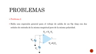  Problema 2
 Halla una expresión general para el voltaje de salida de un Op Amp con dos
señales de entrada de la misma magnitud pero de la misma polaridad.
 