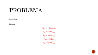 Solución
Datos:
𝑉𝑖1 = −1𝑚𝑉𝑟𝑚𝑠
𝑉𝑖2 = 1𝑚𝑉𝑟𝑚𝑠
𝑉𝐶 = 1𝑚𝑉𝑟𝑚𝑠
𝑉𝑜𝑑 = 5𝑉𝑟𝑚𝑠
𝑉𝑜𝑐 = 5𝑚𝑉𝑟𝑚𝑠
 