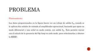 Planteamiento:
Los datos proporcionados en la figura hacen ver un voltaje de salida 𝑉𝑜𝑑 cuando se
le aplican dos señales de entrada al amplificador operacional, haciendo que opere en
modo diferencial y una señal en modo común, con salida 𝑉𝑜𝑐. Esto permite iniciar
con el caluclo de la ganancia del Op Amp en cada modo, para relacionarlas y obtener
la RRMC.
 