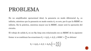 En un amplificador operacional ideal, la ganancia en modo diferencial 𝐴 𝑑 es
infinita, mientras que la ganancia en modo común 𝐴 𝑐 es cero, por lo que la RRMC es
infinita. En la práctica, mientras mayor sea la RRMC, mejor será la operación del
circuito.
El voltaje de salida 𝑉𝑜 en un Op Amp esta relacionado con su RRMC de la siguiente
forma: si se combinan las ecuaciones 𝑉𝑜 = 𝐴 𝑑 𝑉𝑑 + 𝐴 𝑐 𝑉𝑐 y 𝑅𝑅𝑀𝐶 =
𝐴 𝑑
𝐴 𝑐
se obtiene:
𝑉𝑜 = 𝐴 𝑑 𝑉𝑑 + 𝐴 𝑐 𝑉𝑐 = 𝐴 𝑑 𝑉𝑑 1 +
𝐴 𝑐 𝑉𝑐
𝐴 𝑑 𝑉𝑑
 