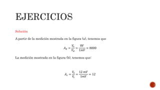 Solución
A partir de la medición mostrada en la figura (a), tenemos que
𝐴 𝑑 =
𝑉𝑜
𝑉𝑑
=
8𝑉
1𝑚𝑉
= 8000
La medición mostrada en la figura (b), tenemos que:
𝐴 𝑐 =
𝑉𝑜
𝑉𝑐
=
12 𝑚𝑉
1𝑚𝑉
= 12
 