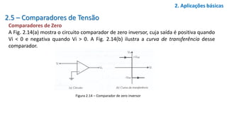 2.5 – Comparadores de Tensão
Comparadores de Zero
A Fig. 2.14(a) mostra o circuito comparador de zero inversor, cuja saída é positiva quando
Vi < 0 e negativa quando Vi > 0. A Fig. 2.14(b) ilustra a curva de transferência desse
comparador.
2. Aplicações básicas
Figura 2.14 – Comparador de zero inversor
 