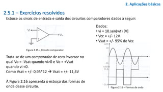 2.5.1 – Exercícios resolvidos
Esboce os sinais de entrada e saída dos circuitos comparadores dados a seguir:
2. Aplicações básicas
Figura 2.15 – Circuito comparador
Dados:
• vi = 10.sen(wt) [V]
• Vcc = +/- 12V
• Vsat = +/- 95% de Vcc
Trata-se de um comparador de zero inversor no
qual Vo = -Vsat quando vi>0 e Vo = +Vsat
quando vi <0.
Como Vsat = +/- 0,95*12  Vsat = +/- 11,4V
A Figura 2.16 apresenta o esboço das formas de
onda desse circuito. Figura 2.16 – Formas de onda
 