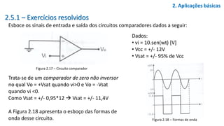 2.5.1 – Exercícios resolvidos
Esboce os sinais de entrada e saída dos circuitos comparadores dados a seguir:
2. Aplicações básicas
Figura 2.17 – Circuito comparador
Dados:
• vi = 10.sen(wt) [V]
• Vcc = +/- 12V
• Vsat = +/- 95% de Vcc
Trata-se de um comparador de zero não inversor
no qual Vo = +Vsat quando vi>0 e Vo = -Vsat
quando vi <0.
Como Vsat = +/- 0,95*12  Vsat = +/- 11,4V
A Figura 2.18 apresenta o esboço das formas de
onda desse circuito. Figura 2.18 – Formas de onda
 