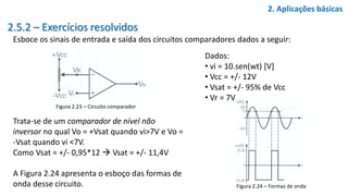 2.5.2 – Exercícios resolvidos
Esboce os sinais de entrada e saída dos circuitos comparadores dados a seguir:
2. Aplicações básicas
Figura 2.23 – Circuito comparador
Dados:
• vi = 10.sen(wt) [V]
• Vcc = +/- 12V
• Vsat = +/- 95% de Vcc
• Vr = 7V
Trata-se de um comparador de nível não
inversor no qual Vo = +Vsat quando vi>7V e Vo =
-Vsat quando vi <7V.
Como Vsat = +/- 0,95*12  Vsat = +/- 11,4V
A Figura 2.24 apresenta o esboço das formas de
onda desse circuito. Figura 2.24 – Formas de onda
 