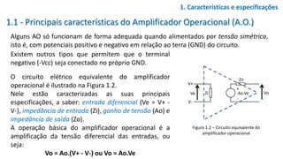 1.1 - Principais características do Amplificador Operacional (A.O.)
Alguns AO só funcionam de forma adequada quando alimentados por tensão simétrica,
isto é, com potenciais positivo e negativo em relação ao terra (GND) do circuito.
1. Características e especificações
Figura 1.2 – Circuito equivalente do
amplificador operacional
Existem outros tipos que permitem que o terminal
negativo (-Vcc) seja conectado no próprio GND.
O circuito elétrico equivalente do amplificador
operacional é ilustrado na Figura 1.2.
Nele estão caracterizadas as suas principais
especificações, a saber: entrada diferencial (Ve = V+ -
V-), impedância de entrada (Zi), ganho de tensão (Ao) e
impedância de saída (Zo).
A operação básica do amplificador operacional é a
amplificação da tensão diferencial das entradas, ou
seja:
Vo = Ao.(V+ - V-) ou Vo = Ao.Ve
Zi
Zo
+
-
Ao.Ve VoVe
V+
V-
 