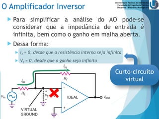 Universidade Federal de Uberlândia
Faculdade de Engenharia Elétrica
Disciplina – Eletrônica Analógica II
O Amplificador Inversor
 Para simplificar a análise do AO pode-se
considerar que a impedância de entrada é
infinita, bem como o ganho em malha aberta.
 Dessa forma:
 i2 = 0, desde que a resistência interna seja infinita
 V2 = 0, desde que o ganho seja infinito
Curto-circuito
virtual
 
