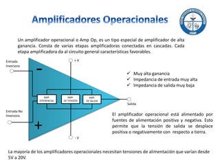 Un amplificador operacional o Amp Op, es un tipo especial de amplificador de alta
ganancia. Consta de varias etapas amplif...