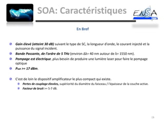 SOA: Caractéristiques
                                              En Bref


Gain élevé (atteint 30 dB) suivant le type de SC, la longueur d'onde, le courant injecté et la
puissance du signal incident.
Bande Passante, de l'ordre de 5 THz (environ Δλ= 40 nm autour de λ= 1550 nm).
Pompage est électrique ,plus besoin de produire une lumière laser pour faire le pompage
optique
Psat >= 17 dBm.

C'est de loin le dispositif amplificateur le plus compact qui existe.
     Pertes de couplage élevées, supériorité du diamètre du faisceau / l'épaisseur de la couche active.
     Facteur de bruit >= 5-7 dB.




                                                                                                          19
 