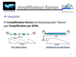 Amplificateur Raman


  L’ampliﬁcation Raman est beaucoup plus ”douce”
que l’ampliﬁcation par EDFA.




     Fibre Dopée Erbium         Amplification par effet Raman


                                                                30
 