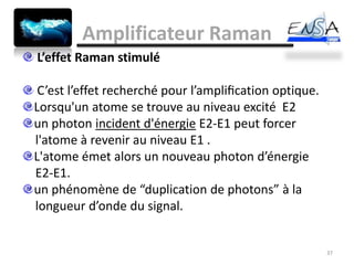 Amplificateur Raman
L’effet Raman stimulé

 C’est l’effet recherché pour l’ampliﬁcation optique.
Lorsqu'un atome se trouve au niveau excité E2
un photon incident d'énergie E2-E1 peut forcer
l'atome à revenir au niveau E1 .
L'atome émet alors un nouveau photon d’énergie
E2-E1.
un phénomène de “duplication de photons” à la
longueur d’onde du signal.


                                                        37
 