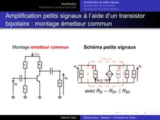 Amplification
Modulation et analyse spectrale
Amplification en petits signaux
Amplification de puissance
Sources de courant et tension
Amplification petits signaux à l’aide d’un transistor
bipolaire : montage émetteur commun
Montage émetteur commun Schéma petits signaux
avec RB = RB1 k RB2
Valentin Gies Électronique - Seatech - Université de Toulon
 