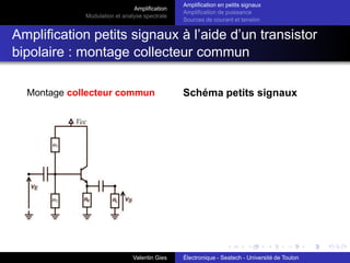 Amplification
Modulation et analyse spectrale
Amplification en petits signaux
Amplification de puissance
Sources de courant et tension
Amplification petits signaux à l’aide d’un transistor
bipolaire : montage collecteur commun
Montage collecteur commun Schéma petits signaux
Valentin Gies Électronique - Seatech - Université de Toulon
 