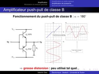 Amplification
Modulation et analyse spectrale
Amplification en petits signaux
Amplification de puissance
Sources de courant et tension
Amplification différentielle en petits signaux :
Application (2)
Tension en sortie :
us = gm1Rout u+ − gm1Rout u−
= 100u+ − 100.1u−
= Au+ − (A + ǫ)u−
On obtient donc A = 100 et ǫ = 0.1
Amplification différentielle :
Adiff = A = 100
Amplification mode commun :
Acom = ǫ = 0.1
Taux de réjection de mode commun :
TRMC =
 