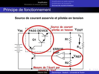 Amplification
Modulation et analyse spectrale
Amplification en petits signaux
Amplification de puissance
Sources de courant et tension
Amplification différentielle en petits signaux :
Paire différentielle (1)
Paire différentielle
Entrées : Ve1 et Ve2.
Sortie : collecteur d’un des
transistors
Hypothèse forte : T1 et T2
appariés ⇔ même circuit : β
identiques.
Valentin Gies Électronique - Seatech - Université de Toulon
 