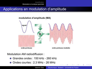 Amplification
Modulation et analyse spectrale
Amplification en petits signaux
Amplification de puissance
Sources de courant et tension
Amplification différentielle en petits signaux :
Paire différentielle - améliorations
Paire différentielle avec source de courant
rce (de T1) joue le rôle de RE.
⇒ TRMC =
 