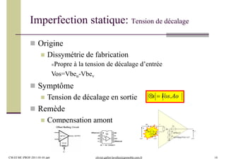  Origine
 Dissymétrie de fabrication
Propre à la tension de décalage d’entrée
Vos=Vbeu-Vbev
 Symptôme
 Tension de décalage en sortie
 Remède
 Compensation amont +
v -
u
ib2 s
Zs
G(f)(u-v)
Ze
ib1
Vos (G(f)/Rmc(f))(u+v)/2
Imperfection statique: Tension de décalage
s  Vos.Ao
NC
Offsetnull
Offset null
741
CM-EI MC-PROF-2011-01-01.ppt olivier.gallot-lavallee@grenoble.cnrs.fr 14
 