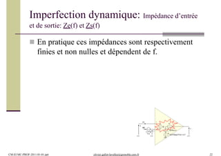 Imperfection dynamique: Impédance d’entrée
et de sortie: Ze(f) et Zs(f)
 En pratique ces impédances sont respectivement
finies et non nulles et dépendent de f.
+
v -
u
ib2 s
Zs
G(f)(u-v)
Ze
ib1
Vos (G(f)/Rmc(f))(u+v)/2
CM-EI MC-PROF-2011-01-01.ppt olivier.gallot-lavallee@grenoble.cnrs.fr 22
 