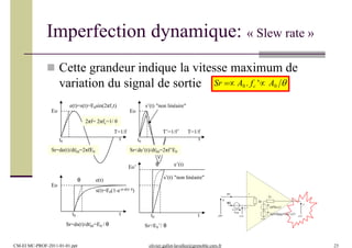 Imperfection dynamique: « Slew rate »
 Cette grandeur indique la vitesse maximum de
variation du signal de sortie
+
v -
u
ib2 s
Zs
G(f)(u-v)
Ze
ib1
Vos (G(f)/Rmc(f))(u+v)/2
Sr  A0 . fc ' A0 
Eo
T=1/f
t
e(t)=s(t)=E0sin(2πf1t)
Sr=de(t)/dt|t0=2πfE0
t0
Eo
s’(t) "non linéaire"
t0
Sr<de’(t)/dt|t0=2πf’E0
T’=1/f’ T=1/f
t
2πf= 2πfc=1/ θ
e(t)
s(t)=E0(1-e-(t-t0)/ θ)
θ
Eo
t
Sr=ds(t)/dt|t0=E0 / θ
t0
s’(t) "non linéaire"
θ e’(t)Eo’
t
Sr<E0’/ θ
t0
CM-EI MC-PROF-2011-01-01.ppt olivier.gallot-lavallee@grenoble.cnrs.fr 23
 