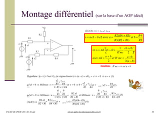 Montage différentiel (sur la base d’un AOP idéal)
-
+
v
u
s
R4
e1i1
R1
e2i2
R3
R2
s  a.e1  b.e2 avec a 
R2(R4  R3)
et b 
R4
R3(R2  R1) R3
2(a b)
R'mc 2
a bavec Ad 
a  b
et R' mc 
2

1 e1 e2
 s  Ad.e1 e2
R2.e1 R3 R4
R3
R3(R2 R1)
/ e1 
R2(R4 R3)
(4)(1)et(3) 
1/ R3 1/ R4 R4 R3
et Millman : v 
1/ R11/ R2 R2 R1
e1

0 0
qd e2  0  Millman : u  R1 R2 
/ e2  
R4
(2)
e20
R2.e1

R3.se20
 s
R2  R1 R4 R3

R3.se20
(3)

se20
e10
qd e1  0  Millman : v  R3 R4 or v  0  0 
e2

se10
 s
1/ R3 1/ R4 R3 R4
Hypothèse : u - v  Vsat / G0 (ie.régimelinaire)  (u - v)  s/G0  s /   0  u  v (1)
e2

se10
(2)et(4)  s  se10  se20
R'mc   ssi a  b
CM-EI MC-PROF-2011-01-01.ppt olivier.gallot-lavallee@grenoble.cnrs.fr 29
Nota Bene:
 
