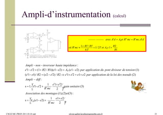 Ampli-d’instrumentation (calcul)
-
+
v
u
s
R1’
e1
i1
R1’
R1’
R1’
-
+
e’1
r1
-
+
e’2
i2
r2
R1
R1
R2
e2
Amplificateur non inverseur Amplificateur différentiel de à
haute impédance d’entrée gain Ad=R1’/R1’=1 A0=1+R2/R1
R2
ie1
e2

 

2
0
1 e1e2
R'mc 2
s  A .(e1 e2) 
Association des montages (1),(2)et(3) :
gain unitaire (3)
1 e'1e'2
s 1. e'1e'2 
R'mc
Ampli  non inverseur haute impédance :
e'1 e'2  (1 R2 / R1)(e1e2)  A0.(e1 e2) par application du pont diviseur de tension (1)
(e'1e1)/ R2  (e2  e'2) / R2  e'1 e'2  e1 e2 par application de la loi des noeuds (2)
Ampli  diff :

 
1 e1e2
R''mc 2
s  A' d.
 e1e2
0
0
4.T R1
où R'mc 
1 R1'/ R1'
1/ 2T et A 1
R2
avec A'd  A et R''mc  R'mc.A'd
CM-EI MC-PROF-2011-01-01.ppt olivier.gallot-lavallee@grenoble.cnrs.fr 33
 
