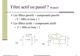 Filtre actif ou passif ? (Rappel)
 Les filtres passifs = composants passifs
 F > MHz et Gain ≤ 1
 Les filtres actifs = composants actifs
 F < MHz et Gain > 1
-
+
v
u
vs
R1
ve
R2
C
Eg:
R1=5,1[kΩ]
vs(t)ve(t) C=10[nF]
CM-EI MC-PROF-2011-01-01.ppt olivier.gallot-lavallee@grenoble.cnrs.fr 37
Eg:
 