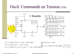 Oscil. Commandé en Tension:(FM)
V0
s
4
3
7 8
6
5
2
1
NE 555R2
R1
+Vcc
C
+Vcc
t
Q t
V0
1/2V0
H
L
H
L
tQ
s1 ou S t
s2 ou R t
H
L
H
L
t1 t2
τ'w
T
V6 ouV2

CM-EI MC-PROF-2011-01-01.ppt olivier.gallot-lavallee@grenoble.cnrs.fr 63



1 2
0
0
V / 2 V
 V V 
t2  t  t3 v6(t) Vcc  (Vcc V / 2).e
t1 t  t2 v6(t) V .e
 CC 0 
CC 0T   'w  R2.C.ln 2 (R  R ).C.ln
' ln 2 avec  R2.C
avec   (R1 R2)C
avec   R2.C
tt2/
0  t  t1 v6(t)  Vcc(1 et /
) avec  (R1 R2).C
tt1/
 Bistable
 