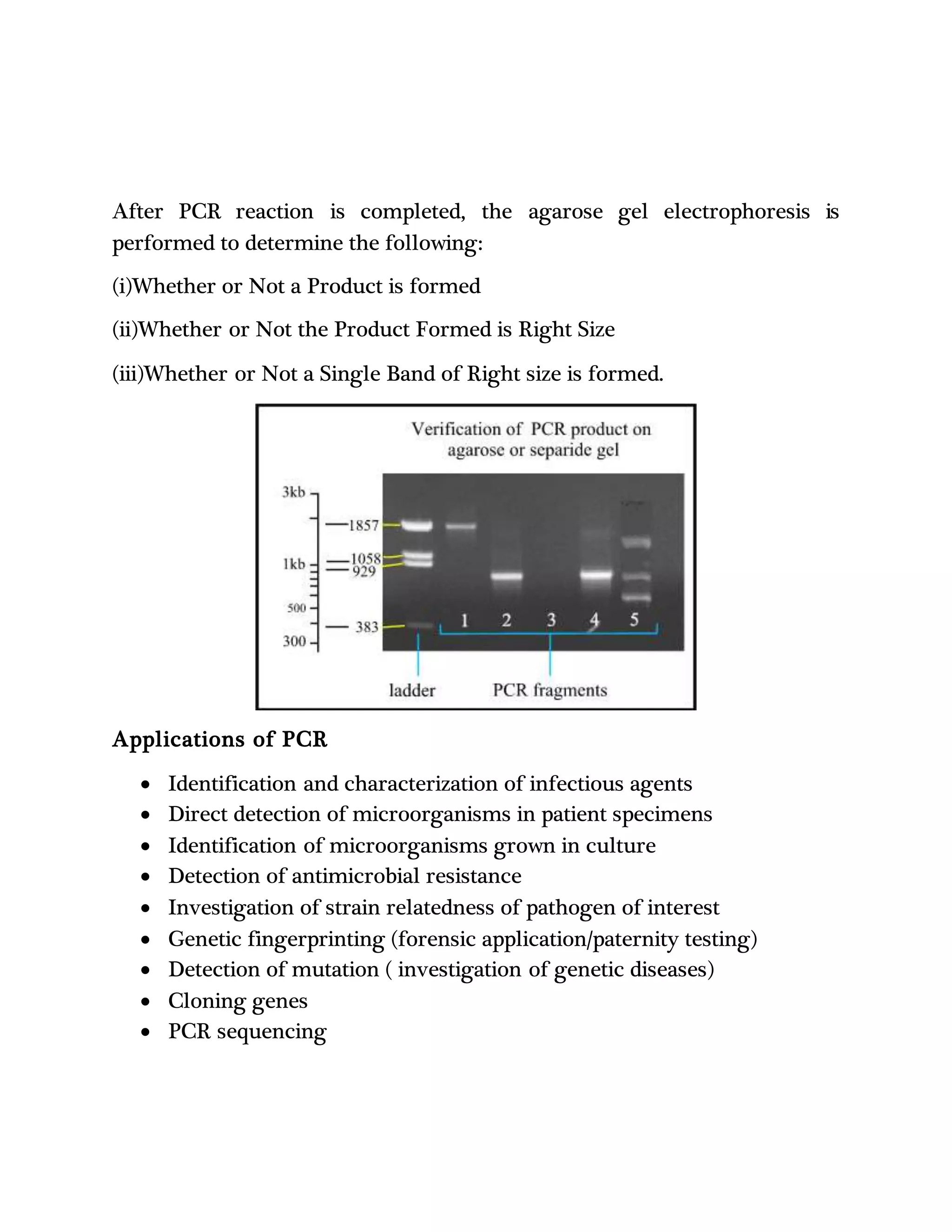 After PCR reaction is completed, the agarose gel electrophoresis is
performed to determine the following:
(i)Whether or Not a Product is formed
(ii)Whether or Not the Product Formed is Right Size
(iii)Whether or Not a Single Band of Right size is formed.
Applications of PCR
 Identification and characterization of infectious agents
 Direct detection of microorganisms in patient specimens
 Identification of microorganisms grown in culture
 Detection of antimicrobial resistance
 Investigation of strain relatedness of pathogen of interest
 Genetic fingerprinting (forensic application/paternity testing)
 Detection of mutation ( investigation of genetic diseases)
 Cloning genes
 PCR sequencing
 