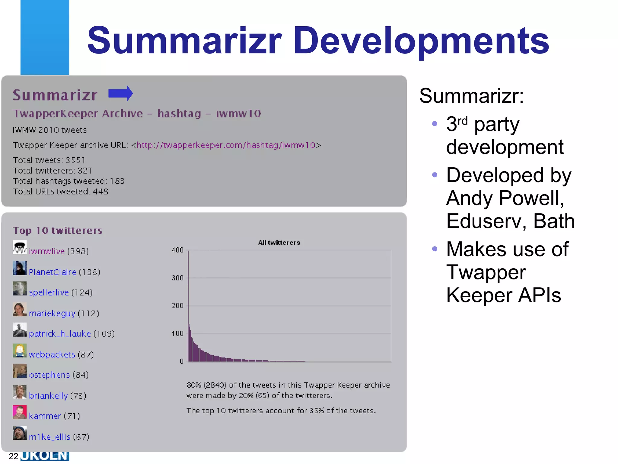 IWMW 2010 Policy: “ We will treat the remote audience as first class citizens” Motivation: Maximise learning through the sector Add value for little additional costs Explore ways of ‘greening’ event Prepare for implications of economic downturn (lack of funding to attend events) Enhance accessibility of learning  Case Study 