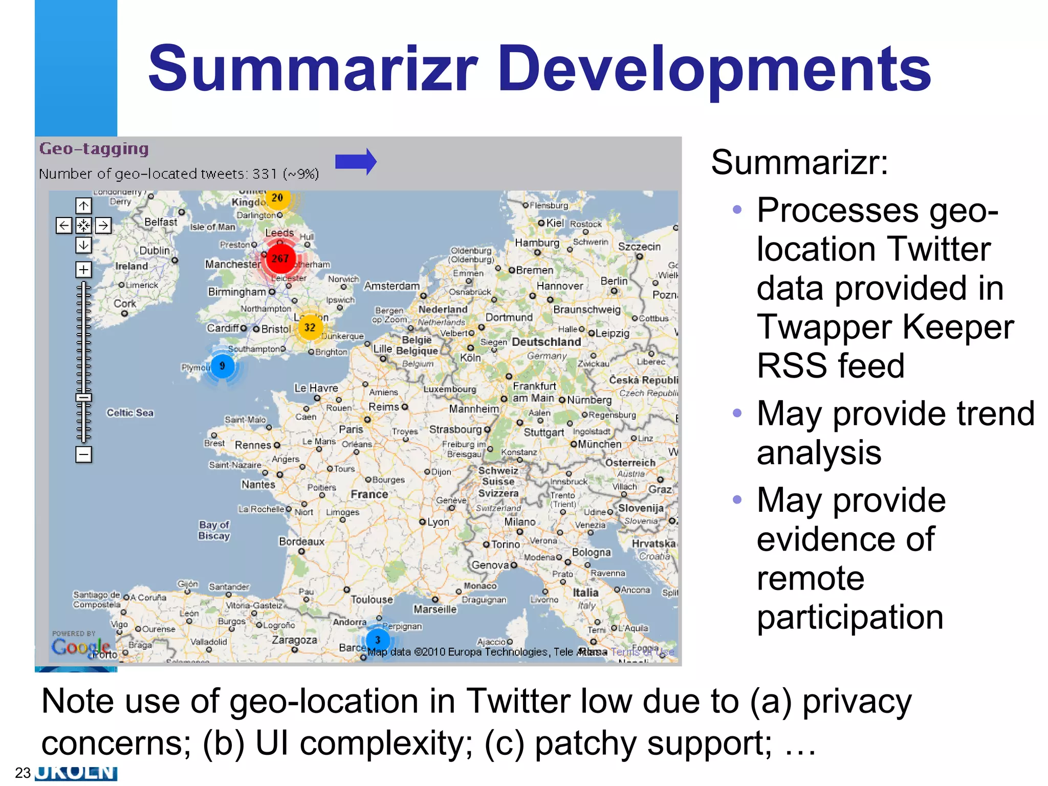 IWMW 2010 Technologies Video streaming Live video stream & subsequent ability to download and reuse Twitter technologies Official event hashtag  #iwmw10  together with session hashtags  #P0-#P9 ,  #A1-A9  &  #B1-#B10 Official live blogger and Twitterer Occasional Twitter Wall display Blog Event blog Slideshare Speakers slides easily accessible & embeddable Case Study 