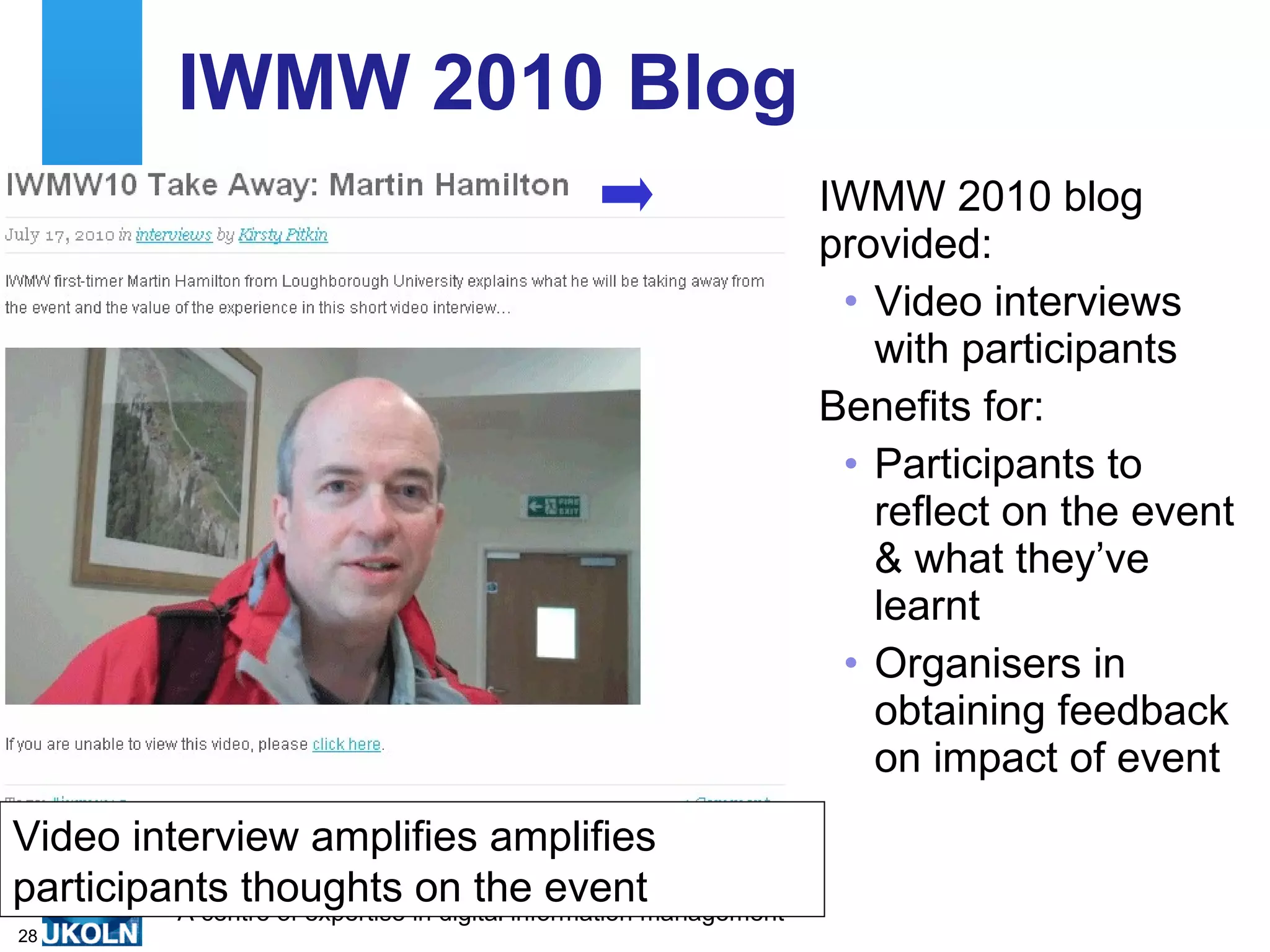 Summarizr Developments Summarizr: 3 rd  party development Developed by Andy Powell, Eduserv, Bath Makes use of Twapper Keeper APIs Longer session but also controversial 