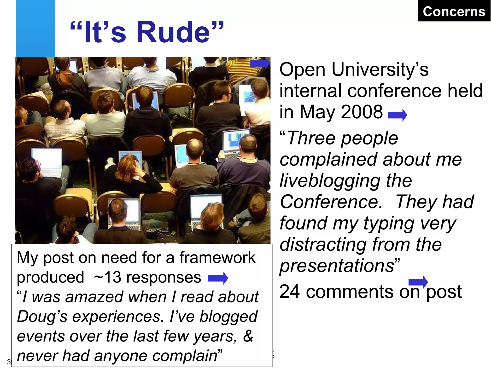 Remote Barcamps Barcamp: “a  user generated conference whose content is provided by participants ” Remote participants had their own barcamp   Review of online barcamp published on blog 