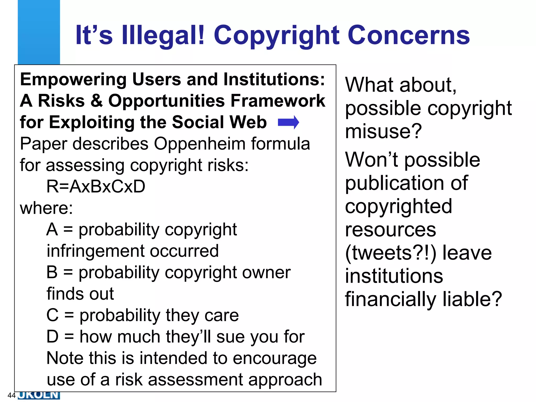 Amplified Events: Why Not? IWMW 2010 has demonstrated: Various benefits of amplified events Examples of services which can be used Examples of best practices Benefits provided to various stake-holders But: What about the concerns? Does it scale? If it a fad? Will use in other contexts work? I’m convinced! What advice can you give? What concerns do you have? 