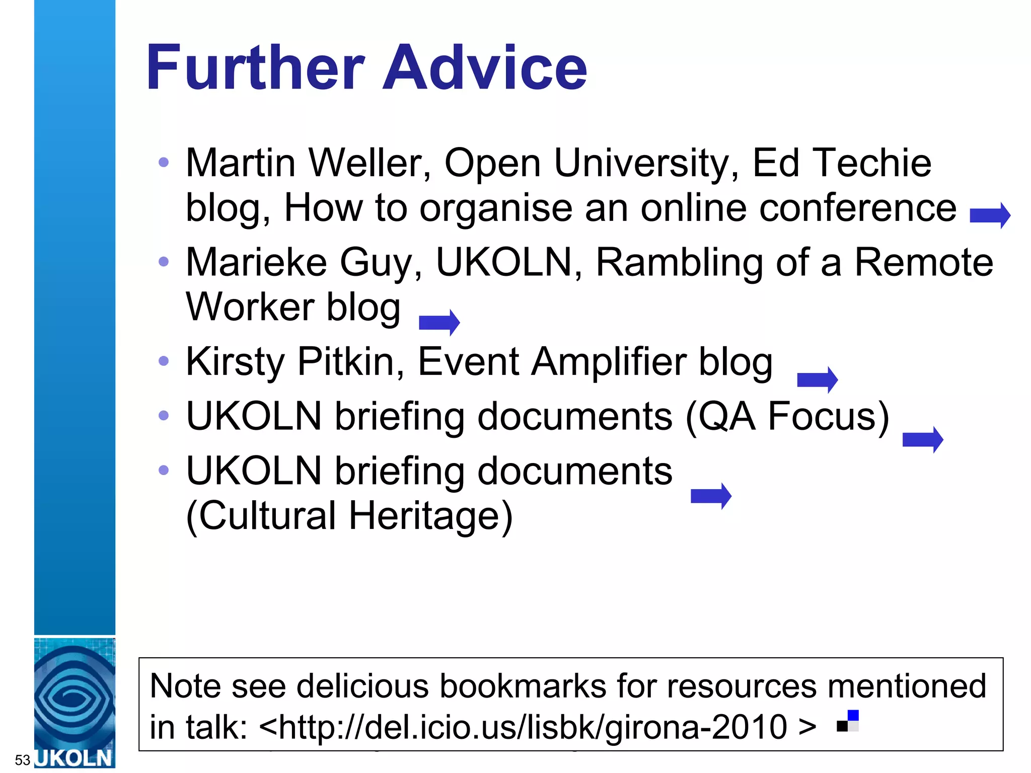 It’s Illegal! Accessibility Concerns What about, for example, legislation which requires Web resources to be universally accessible? Won’t, for example, costs of captioning be a barrier? Developing Countries; Developing Experiences: Approaches to Accessibility for the Real World Paper on need to: Avoid check-list approach Policies which are divorces from realities of costs, benefits, … Argues need for: Achievable solutions Accessibility of outcomes & purposes rather than digital resources Provides examples of application of approaches to amplified events and institutional repositories 