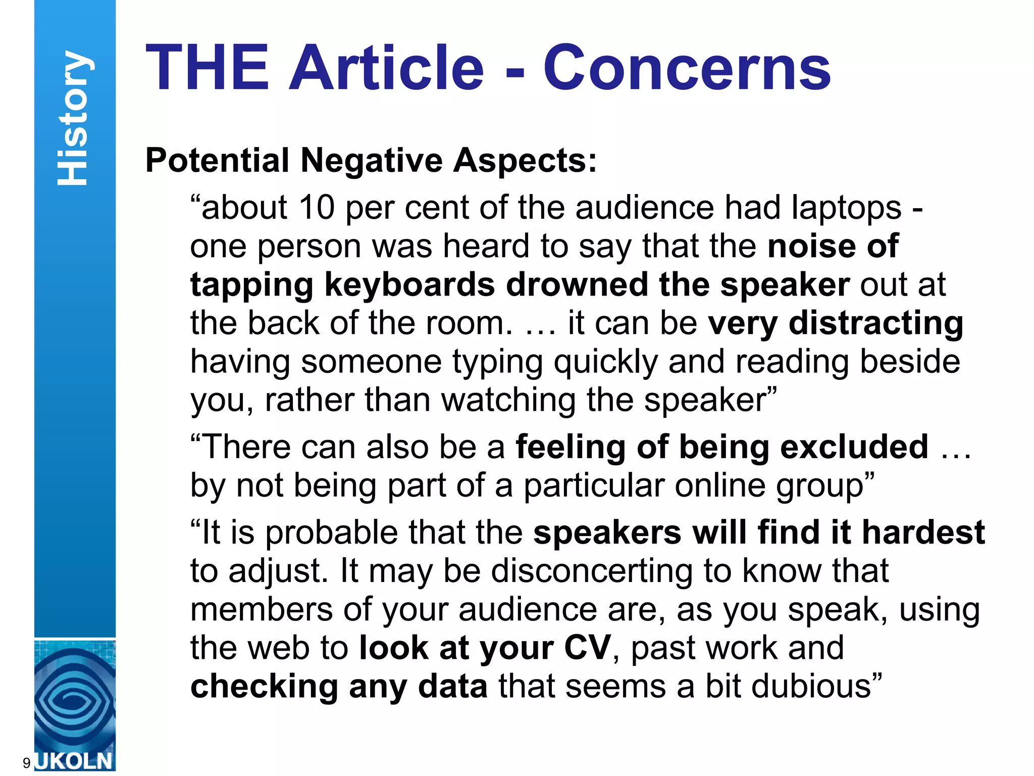 Getting Involved Let’s try out event amplification: Tag for seminar:  #udgamp10 If something inspires you can use  #eureka If you don´t understand, require clarification or disagree use  #qq Notes: Aims to encourage reflection and engagement Approach may work better for student use If no Twitter access available use pen & paper! 