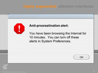 highly augmented:  attention interfaces Anti-procrastination alert: You have been browsing the Internet for 10 minutes.  You can turn off these alerts in System Preferences. OK 