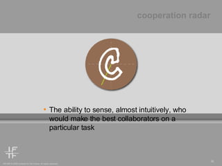 cooperation radar The ability to sense, almost intuitively, who would make the best collaborators on a particular task  
