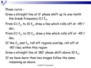 Phase curve - Draw a straight line at 0   phase shift up to one-tenth the break frequency 0.1 f C1 . From 0.1 f C1  to 10 f C1  draw a line which rolls off at -45  /dec. From 0.1 f C2  to 10 f C2  draw a line which rolls off at -45  /dec. If the f C1  and f C2  roll off regions overlap, roll off at -90  /dec within this region Draw a straight line at 180   phase shift above 10 f C2 . If we have more than two stages follow the same reasoning as above. Amplifier Compensation 