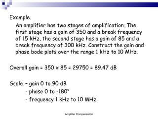 Example.  An amplifier has two stages of amplification. The first stage has a gain of 350 and a break frequency of 15 kHz, the second stage has a gain of 85 and a break frequency of 300 kHz. Construct the gain and phase bode plots over the range 1 kHz to 10 MHz. Overall gain = 350 x 85 = 29750 = 89.47 dB Scale  – gain 0 to 90 dB - phase 0 to -180 ° - frequency 1 kHz to 10 MHz Amplifier Compensation 