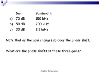 Gain Bandwidth a) 70 dB 150 kHz b) 50 dB 700 kHz c) 30 dB 2.1 MHz Note that as the gain changes so does the phase shift. What are the phase shifts at these three gains? Amplifier Compensation 