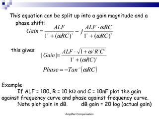 This equation can be split up into a gain magnitude and a phase shift: this gives  Example If ALF = 100, R = 10 k   and C = 10nF plot the gain against frequency curve and phase against frequency curve.  Note plot gain in dB. dB gain = 20 log (actual gain) Amplifier Compensation 