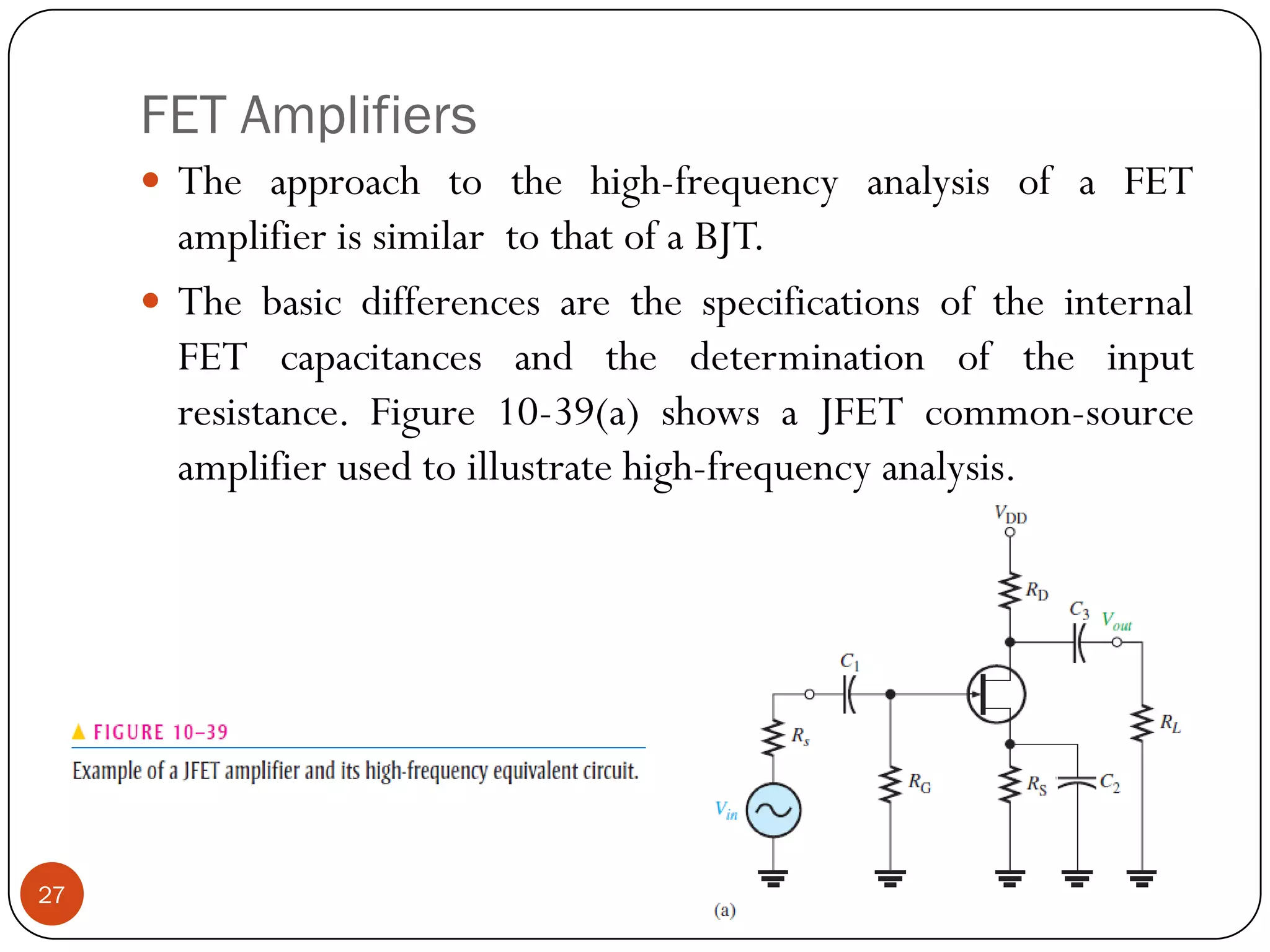 FET Amplifiers 
Theapproachtothehigh-frequencyanalysisofaFETamplifierissimilartothatofaBJT. 
ThebasicdifferencesarethespecificationsoftheinternalFETcapacitancesandthedeterminationoftheinputresistance.Figure10-39(a)showsaJFETcommon-sourceamplifierusedtoillustratehigh-frequencyanalysis. 27  