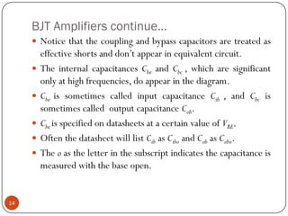 BJT Amplifiers continue… 
Noticethatthecouplingandbypasscapacitorsaretreatedaseffectiveshortsanddon’tappearinequivalentcircuit. 
TheinternalcapacitancesCbeandCbc,whicharesignificantonlyathighfrequencies,doappearinthediagram. 
CbeissometimescalledinputcapacitanceCib,andCbcissometimescalledoutputcapacitanceCob. 
CbeisspecifiedondatasheetsatacertainvalueofVBE. 
OftenthedatasheetwilllistCibasCiboandCobasCobo. 
Theoastheletterinthesubscriptindicatesthecapacitanceismeasuredwiththebaseopen. 14  