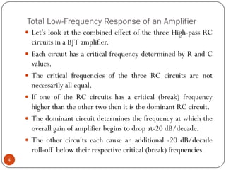 Total Low-Frequency Response of an Amplifier 
Let’slookatthecombinedeffectofthethreeHigh-passRCcircuitsinaBJTamplifier. 
EachcircuithasacriticalfrequencydeterminedbyRandCvalues. 
ThecriticalfrequenciesofthethreeRCcircuitsarenotnecessarilyallequal. 
IfoneoftheRCcircuitshasacritical(break)frequencyhigherthantheothertwothenitisthedominantRCcircuit. 
Thedominantcircuitdeterminesthefrequencyatwhichtheoverallgainofamplifierbeginstodropat-20dB/decade. 
Theothercircuitseachcauseanadditional-20dB/decaderoll-offbelowtheirrespectivecritical(break)frequencies. 4  