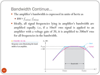 Bandwidth Continue… 
Theamplifier’sbandwidthisexpressedinunitsofhertzas 
BW=fcu(dom)-fcl(dom) 
Ideally,allsignalfrequencieslyinginamplifier’sbandwidthareamplifiedequally.i.e,ifa10mVrmssignalisappliedtoanamplifierwithavoltagegainof20,itisamplifiedto200mVrmsforallfrequenciesinthebandwidth. 44  