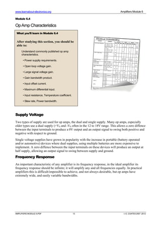 www.learnabout-electronics.org Amplifiers Module 6
AMPLIFIERS MODULE 6.PDF 13 © E. COATES 2007 -2012
Module 6.4
OpAmp Characteristics
Supply Voltage
Two types of supply are used for op amps, the dual and single supply. Many op amps, especially
older types use a dual supply (+VS and -VS often in the 12 to 18V range. This allows a zero diffence
between the input terminals to produce a 0V output and an output signal to swing both positive and
negative with respect to ground.
Single voltage supplies have grown in popularity with the increase in portable (battery operated
and/or automotive) devices where dual supplies, using multiple batteries are more expensive to
implement. A zero diffence between the input terminals on these devices will produce an output at
half supply, allowing an output signal to swing between supply and ground.
Frequency Response
An important characteristic of any amplifier is its frequency response, in the ideal amplifier its
frequency response should be infinite; it will amplify any and all frequencies equally. In practical
amplifiers this is difficult/impossible to achieve, and not always desirable, but op amps have
extremely wide, and easily variable bandwidths.
What you’ll learn in Module 6.4
After studying this section, you should be
able to:
Understand commonly published op amp
characteristics.
• Power suppliy requirements.
• Open loop voltage gain.
• Large signal voltage gain.
• Gain bandwidth product.
• Input offset current.
• Maximum differential input.
• Input resistance, Temperature coefficient.
• Slew rate, Power bandwidth.
 