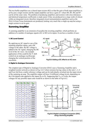 www.learnabout-electronics.org Amplifiers Module 6
AMPLIFIERS MODULE 6.PDF 21 © E. COATES 2007 -2012
The two buffer amplifiers use a shared input resistor (R2) so that the gain of both input amplifiers is
set by just a single resistor and the output amplifier can have a gain of 1 where R4, R5, R6 and R7
can be all the same value. The problem of producing amplifiers and resistors with close tolerances
and identical temperature coefficients is made easier if they are produced on a singe wafer of silicon
within an integrated circuit, therefore integrated circuit instrumentation amplifiers such as the
INA114 from Texas Instruments are produced, looking very much like a single op amp but using a
single resistor to set its gain.
Summing Amplifier
A summing amplifier is an extension of (usually) the inverting amplifier, which performs an
addition of a number of analogue signals (AC or DC) at its inputs. It can have a number of uses:
1. DC Level Control
By applying an AC signal to one of the
summing amplifier inputs, and a DC
voltage to the other, the DC voltage is
added to the AC signal, changing the DC
level of the AC wave. An example
application of this could be the Y shift
control on an analogue oscilloscope
changing the vertical position of the
waveform.
2. Digital to Analogue Conversion
The simplest type of Digital to Analogue Converter (DAC) uses a Summing Amplifier and a
weighted resistor network as shown in Fig. 6.6.5 where resistors having values in the ratio 1, 2, 4
and 8 are fed from a stable reference voltage and can be individually switched into the input circuit
of the summing op amp. The amplifier output will have 16 different voltage levels, depending on
the 4 bit digital code applied to the inputs DO to D3. Supposing that Vref is 5volts, the output
voltages for any possible input code would be as shown in the table in Fig 6.6.5.
D3 D2 D1 D0 Vout
0 0 0 0 0V
0 0 0 1 333mV
0 0 1 0 666mV
0 0 1 1 999mV
0 1 0 0 1.333V
0 1 0 1 1.666V
0 1 1 0 1.999V
0 1 1 1 2.333V
1 0 0 0 2.666V
1 0 0 1 2.999V
1 0 1 0 3.333V
1 0 1 1 3.666V
1 1 0 0 3.999V
1 1 0 1 4.333V
1 1 1 0 4.666V
1 1 1 1 4.999V
Fig.6.6.4 Adding a DC offset to an AC wave
Fig.6.6.5 Digital to Analogue Conversion (DAC)
using a Summing Amplifier
 