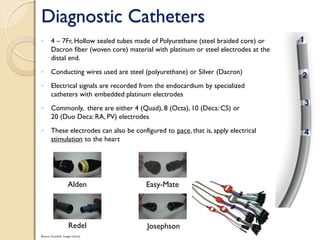 Diagnostic Catheters
◦ 4 – 7Fr, Hollow sealed tubes made of Polyurethane (steel braided core) or
Dacron fiber (woven core) material with platinum or steel electrodes at the
distal end.
◦ Conducting wires used are steel (polyurethane) or Silver (Dacron)
◦ Electrical signals are recorded from the endocardium by specialized
catheters with embedded platinum electrodes
◦ Commonly, there are either 4 (Quad), 8 (Octa), 10 (Deca: CS) or
20 (Duo Deca: RA, PV) electrodes
◦ These electrodes can also be configured to pace, that is, apply electrical
stimulation to the heart
Boston Scientific Image Library.
1
2
3
4
Alden
Redel
Easy-Mate
Josephson
 