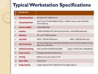 Typical Workstation Specifications
Sr
#
Specification
1 Operating System Windows XP / 2000 Server
2 Computing Power
Intel® Core™2 DUO E8400 3.0 GHz - 6 MB L2 cache, with 1333 MHz
Front Side Bus
3 Memory (RAM) 4 GB DDDR RAM
4 Graphics nVIDIA GeFORCE GTS 450 PCIe (Dual Port). 1GB VRAM Dedicated
5 Monitors 24” or 27” EIZO monitors
6 Hard Disk HDD1 : 250 GB (7200 rpm) HDD2 : 300 GB (10K rpm)
7 Data Protection
OS drive & Data drive should be separate, hence if OS drive gets corrupt,
data drive still intact.
8 DVD/CD Archiving TEAC CD/DVD ±R±RW/DVD-RAM Speed : DVD+R 24x, DVD±RW 8x
9 Power Source Through dedicated isolation box
10 Printing Option to use own specs or HP
11 Work Table Anthro Cart
12 Image Capture Image Capture Kit for High Res Fluro Image Capture
 